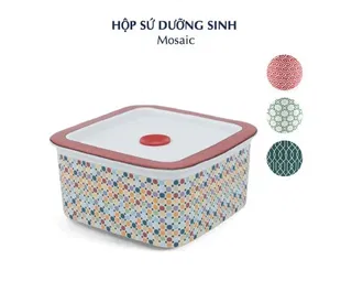Hộp dưỡng sinh vuông đựng thực phẩm sứ Minh Long 15 cm + nắp - Mosaic (LTD)