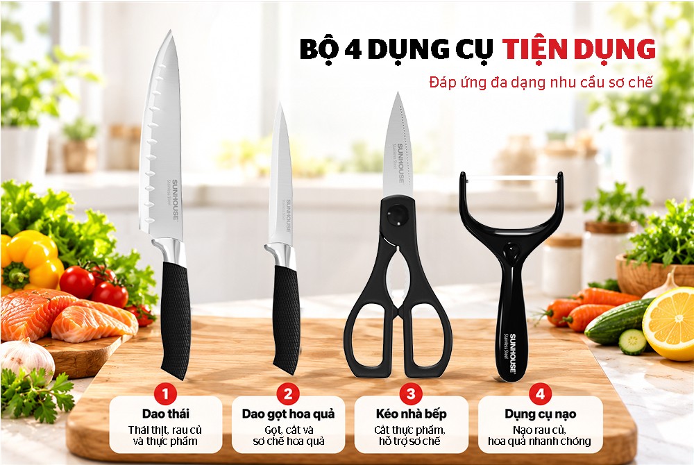 Bộ dao kéo nhà bếp 4 món Sunhouse Eco KS-KNS4E1