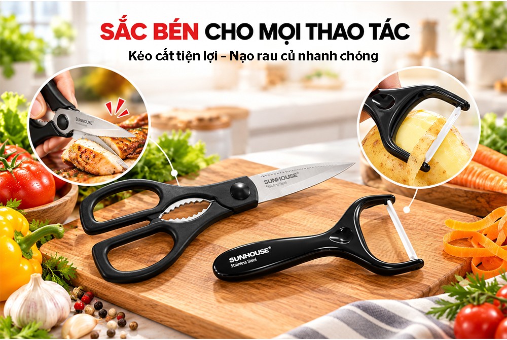 Bộ dao kéo nhà bếp 4 món Sunhouse Eco KS-KNS4E1