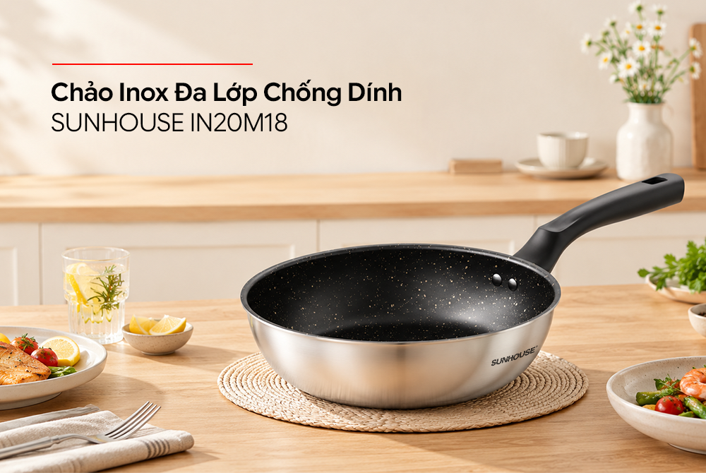 Chảo Inox đa lớp chống dính Sunhouse IN20M18