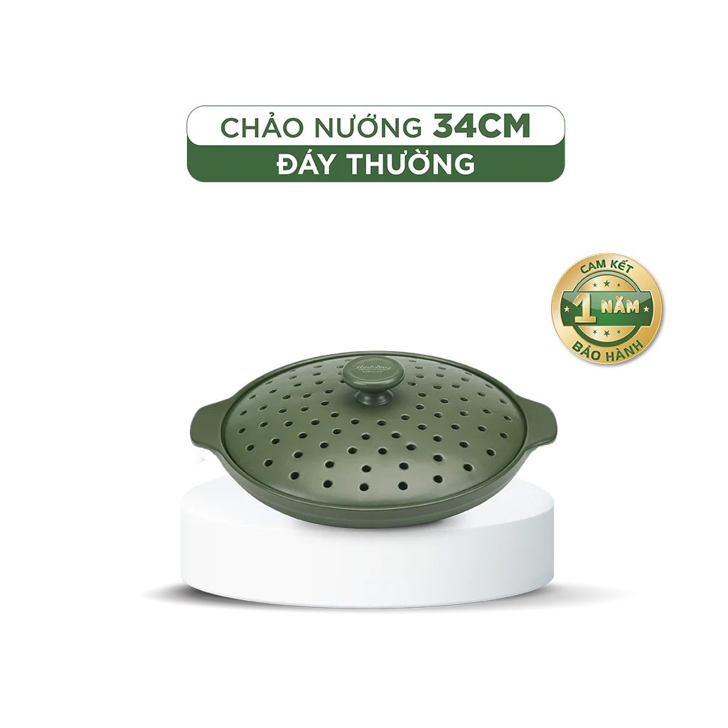 Chảo nướng dưỡng sinh sứ Minh Long Healthycook 34 cm + nắp có lỗ