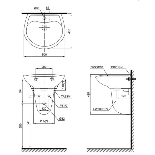 Bản vẽ kỹ thuật Lavabo chậu rửa mặt TOTO LHT300CR#W treo tường chân ngắn