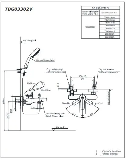Bản vẽ kỹ thuật Vòi sen tắm TOTO TBG03302VA/TBW01010A nóng lạnh